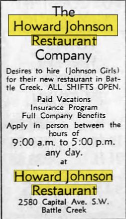 Howard Johnsons Restaurant - Nov 1962 Help Wanted Battle Creek